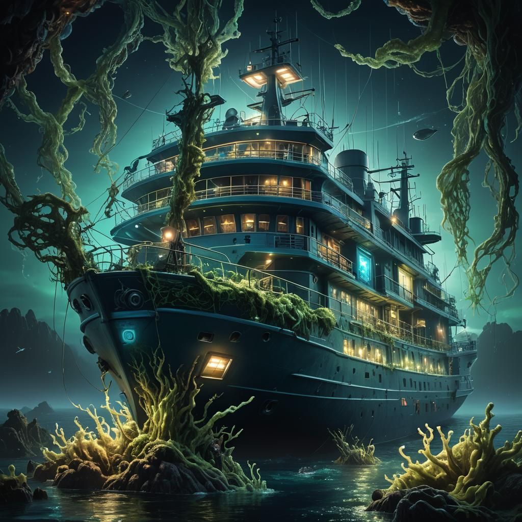 Bioluminescent Research Vessel Exploring Dark Abyss