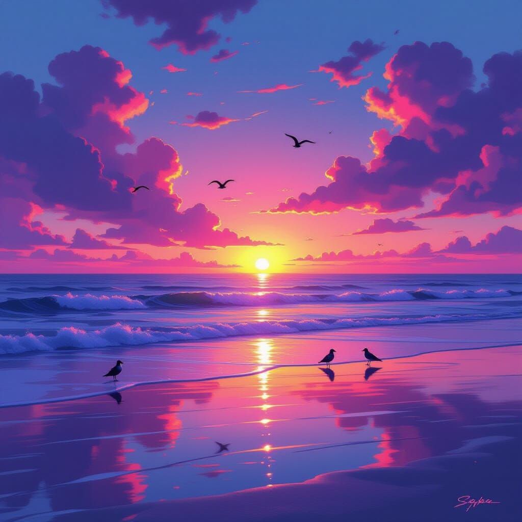 Neon Sunset Over Ocean in Dreamy Painterly Style