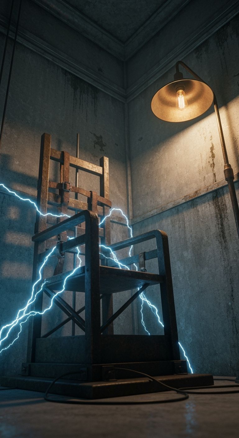 Ominous Electric Chair with Blue Arcs in Retro-Futuristic St...