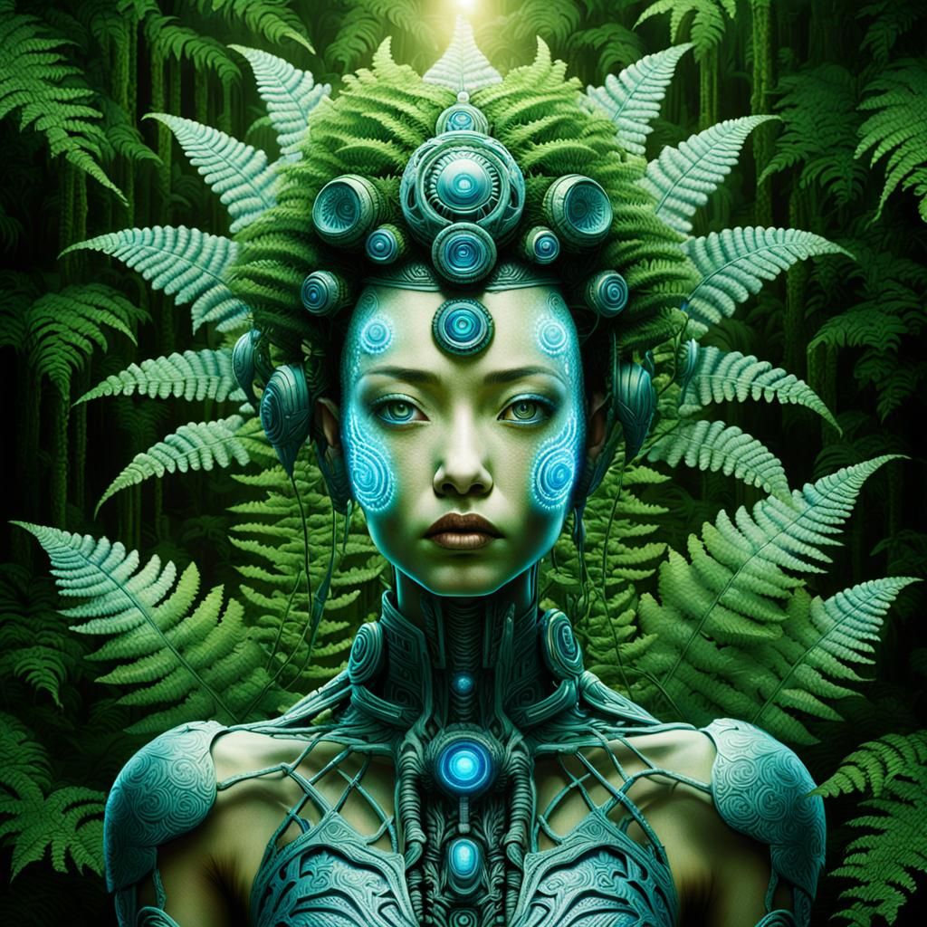 Gothic Cyborg Lotus Deity in Biomechanical Forest