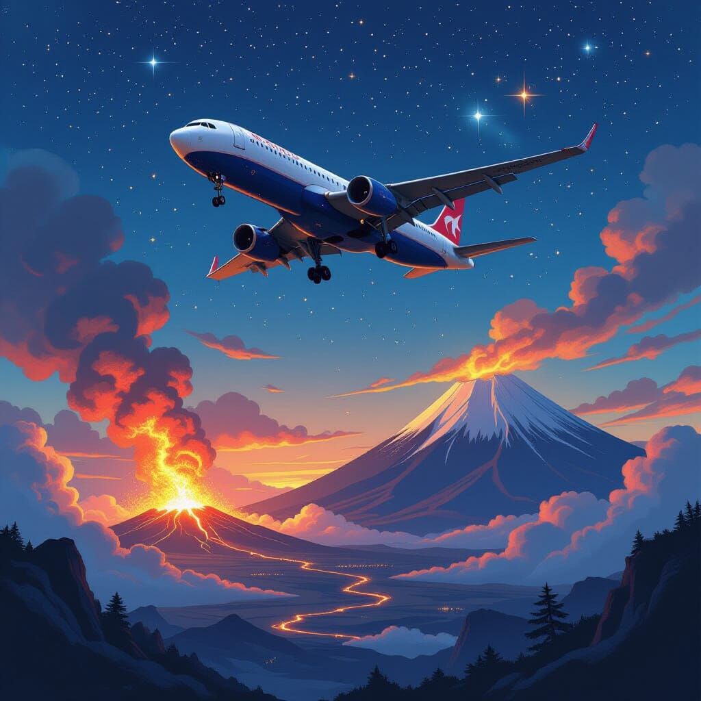 Plane Over Golden Volcano in Mythological Fantasy Art