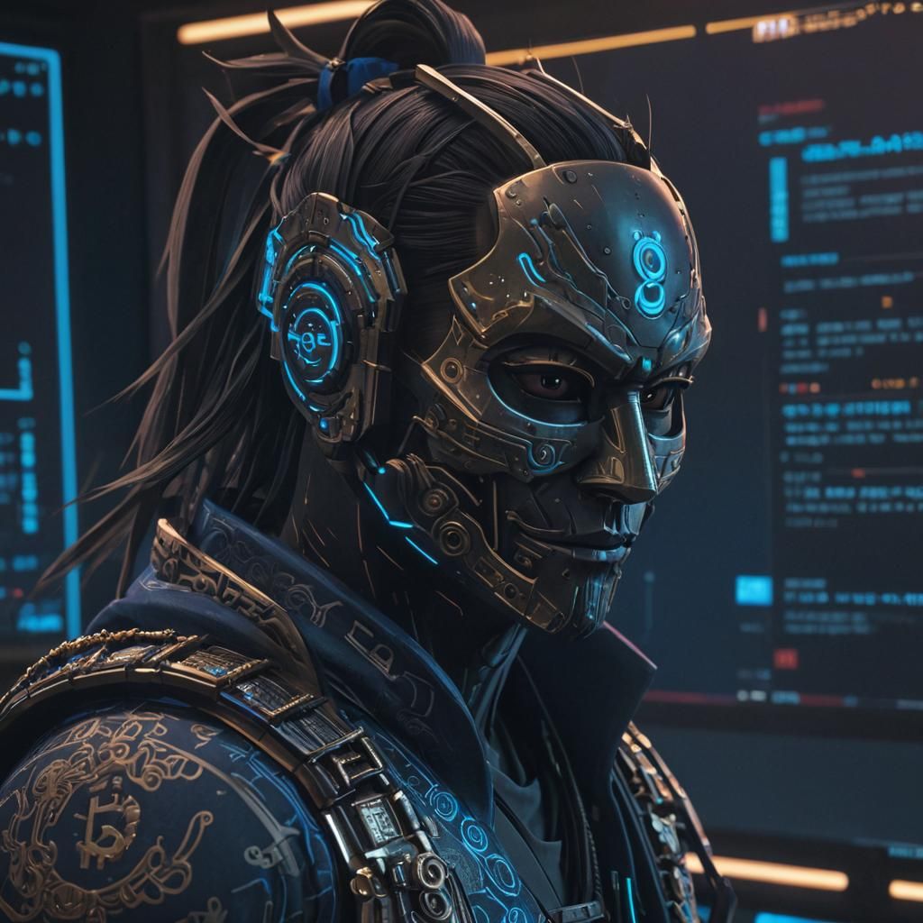 Tired Crypto Samurai in Neon Cyberpunk Style
