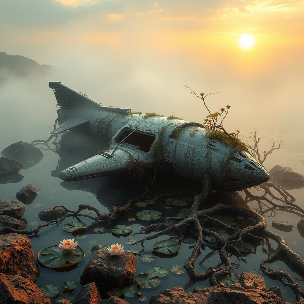 Abandoned Spaceship in Ancient Lakebed Landscape
