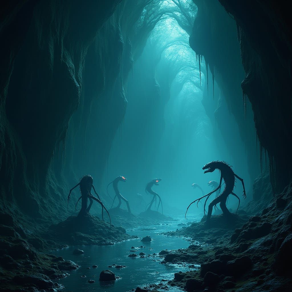 Ethereal Bioluminescent Cave with Nightmarish Creatures in C...