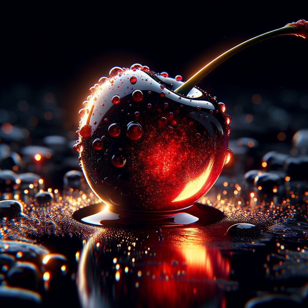 Glossy Black Cherry with Inner Ruby Glow on Obsidian