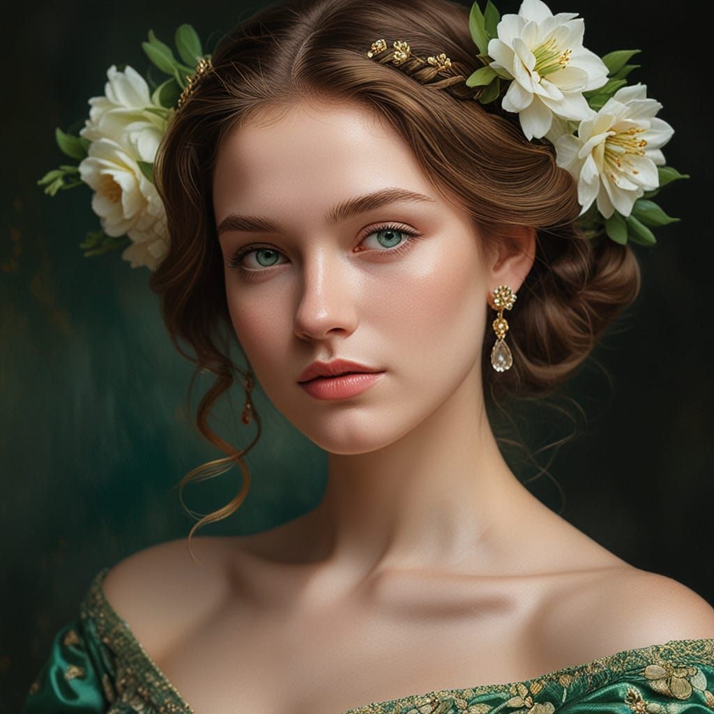 Ethereal Woman with Emerald Eyes in Oil Painting Style
