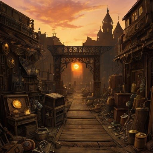 Junkyard Path with Reclaimed Treasures at Sunset