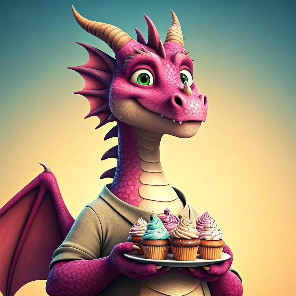 Friendly Father Dragon with Cupcakes: 3D Digital Art