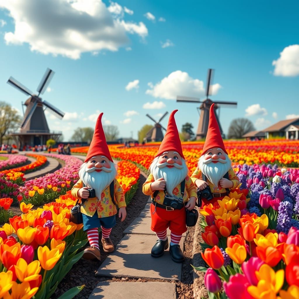 Cheerful Gnomes Explore Vibrant Keukenhof Gardens in Photore...