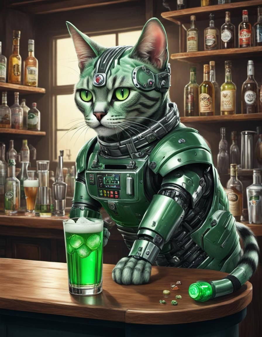 Green Cybernetic Cat Bartender