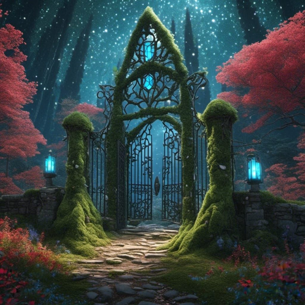Mystic Forest with Fairies and Sparkling Gate