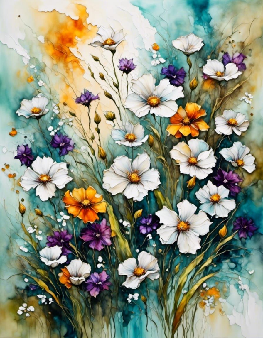 abstract oil painting, white background,  mixed wild flowers...