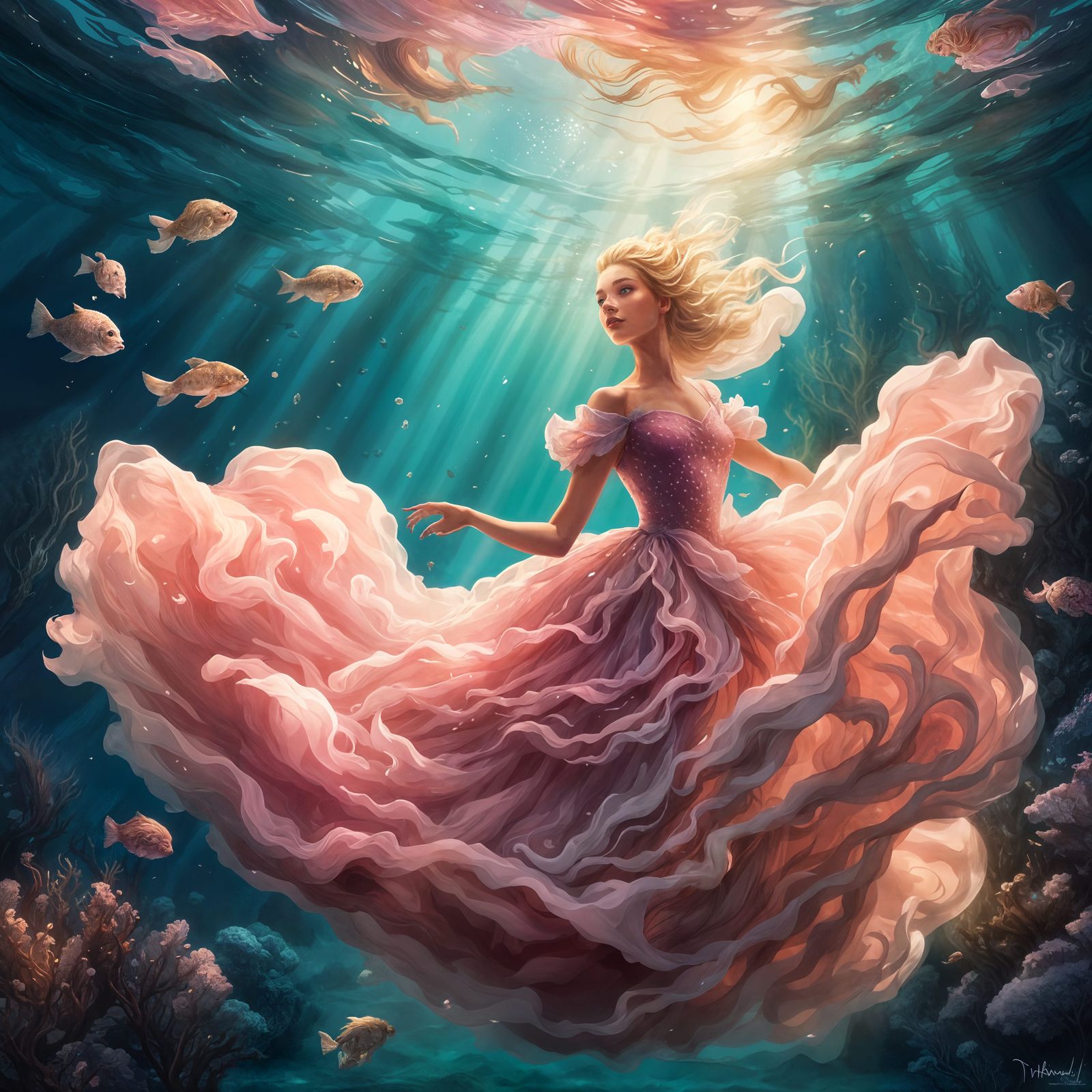 Girl in Pink Ballgown Swimming Underwater