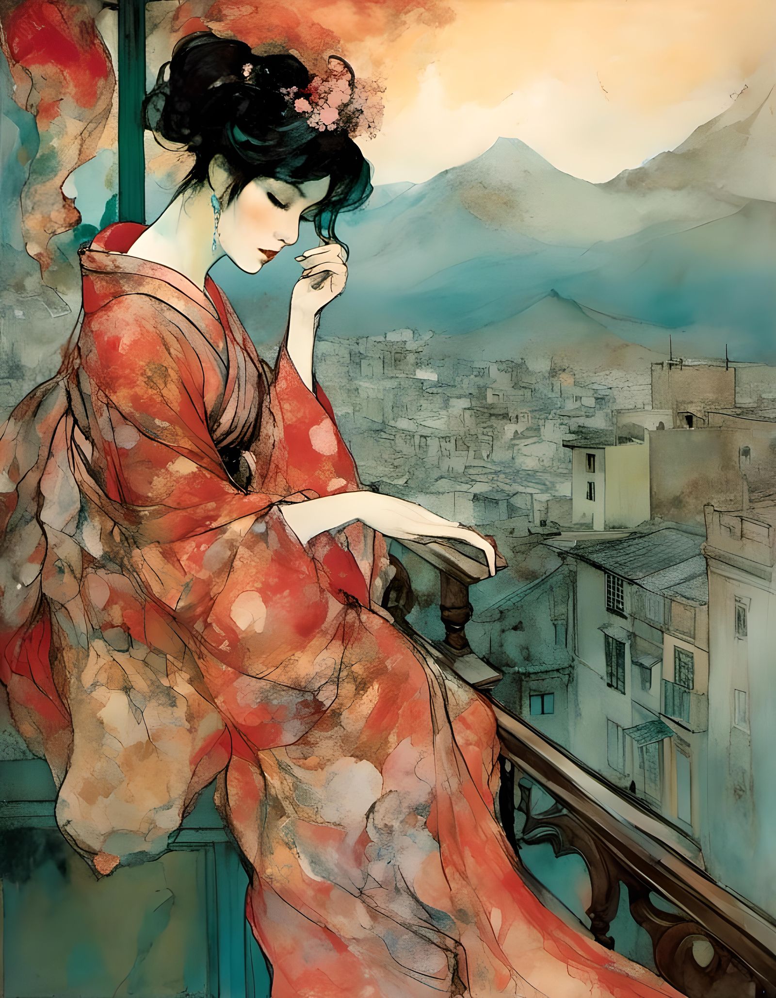 Woman in Kimono on Balcony, Art Nouveau Style