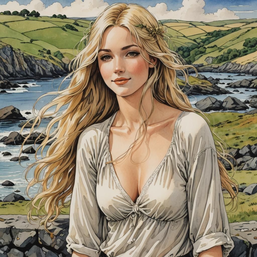 Smiling Nude Blond in Ireland, Anime Style