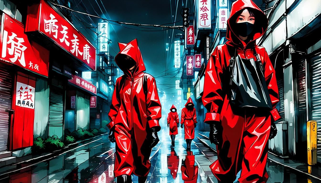 Cyberpunk Neo-Tokyo Alley: Red Rubber Figure in Rain