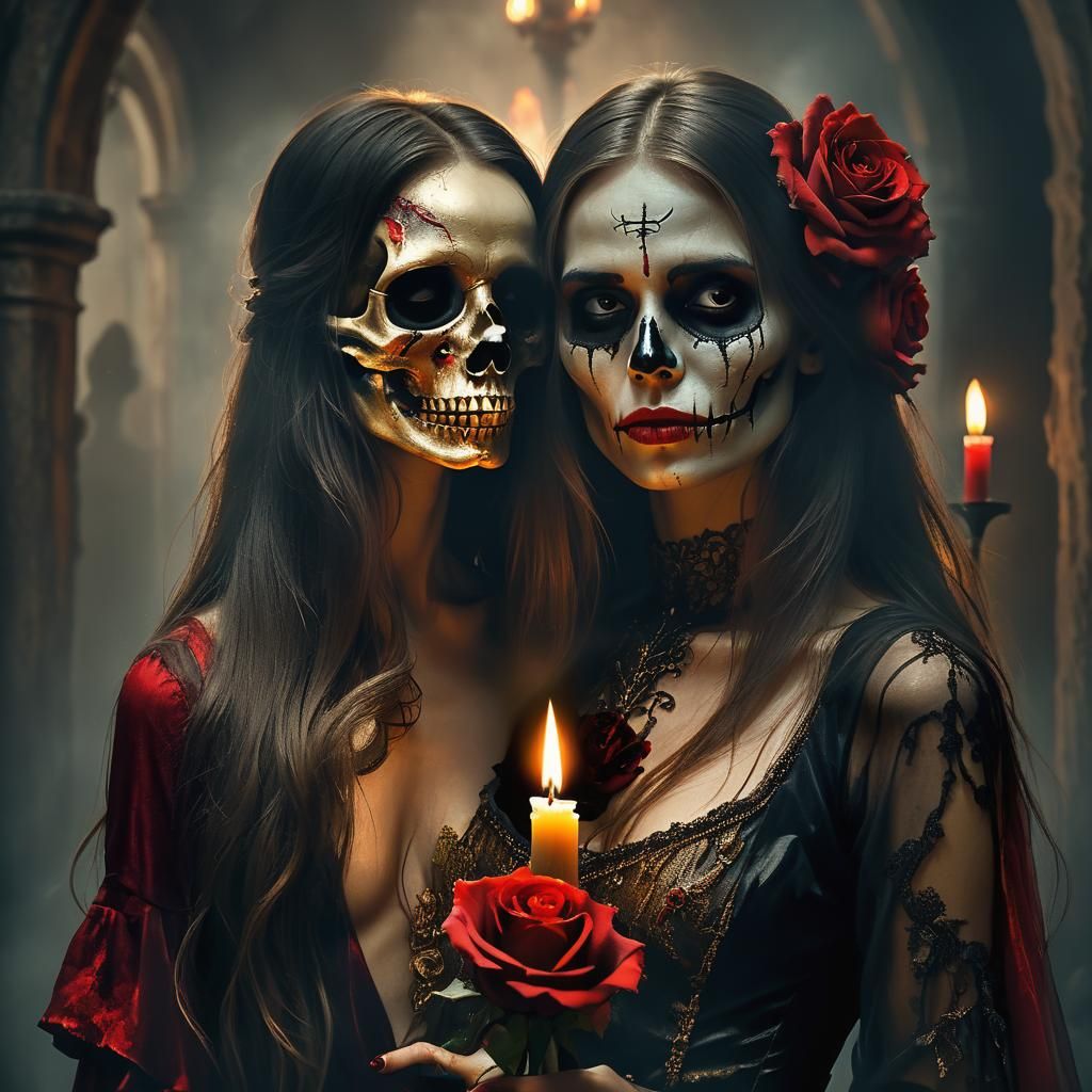 Dark Fantasy Woman with Skull Face in Surreal Portrait