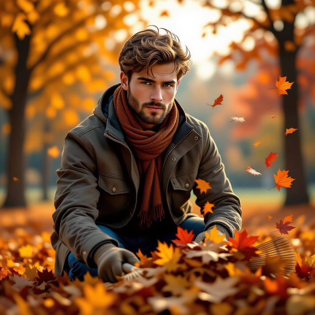 Young Man Raking Leaves in Autumn Splash Art Style