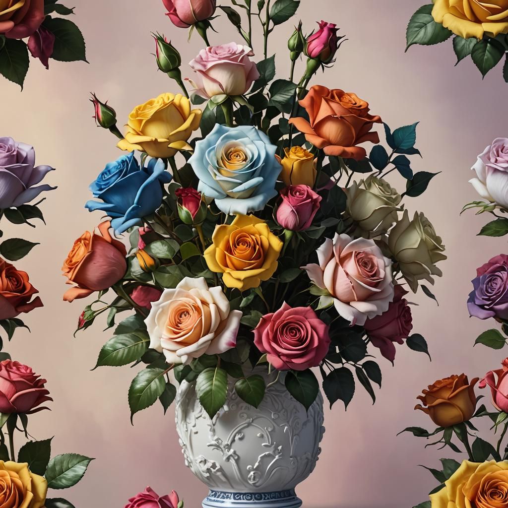 Multicolor Roses in Vase: Hyperrealistic Splash Art