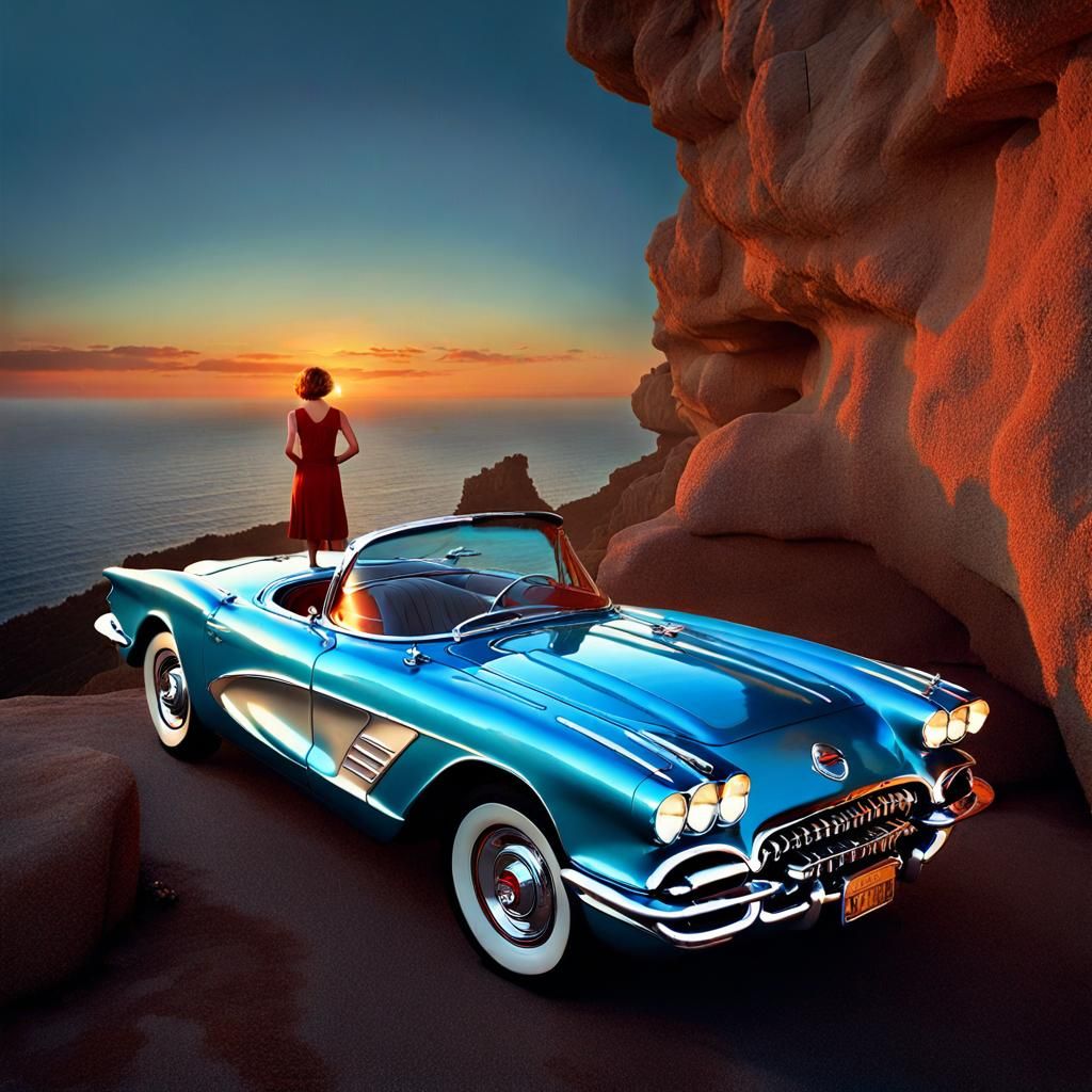 Woman Watching Sunset from Cliff Top on Vintage Car