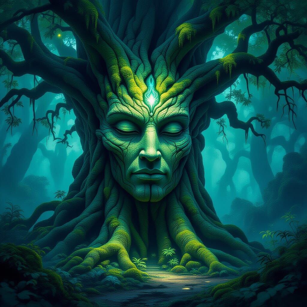 Ancient Tree with Wise Face in Mystical Forest