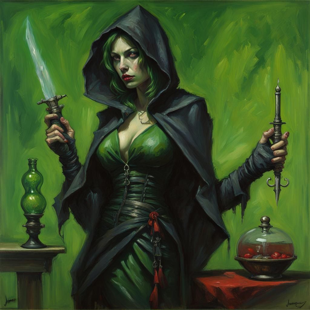 Green Vampire Assassin with Daggers, Oil Painting