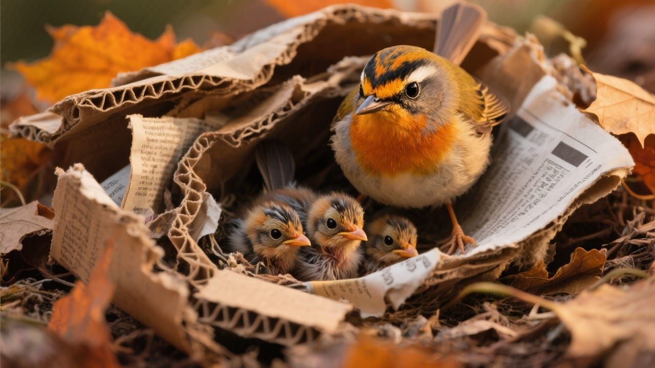Songbird Family Nesting in Recycled Paper