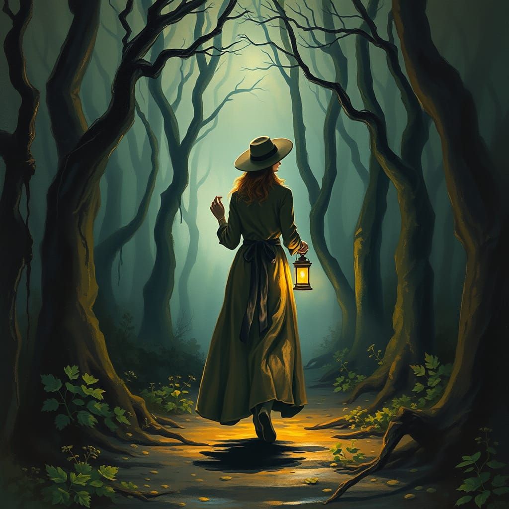 Eerie Forest Scene in Gouache Impasto Style