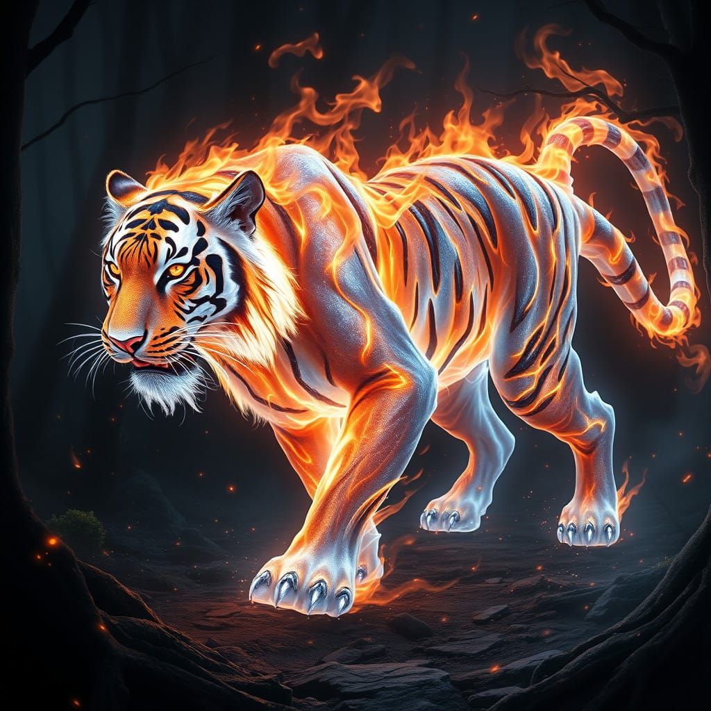 Ethereal Nature Tiger in Glowing Frost and Fire