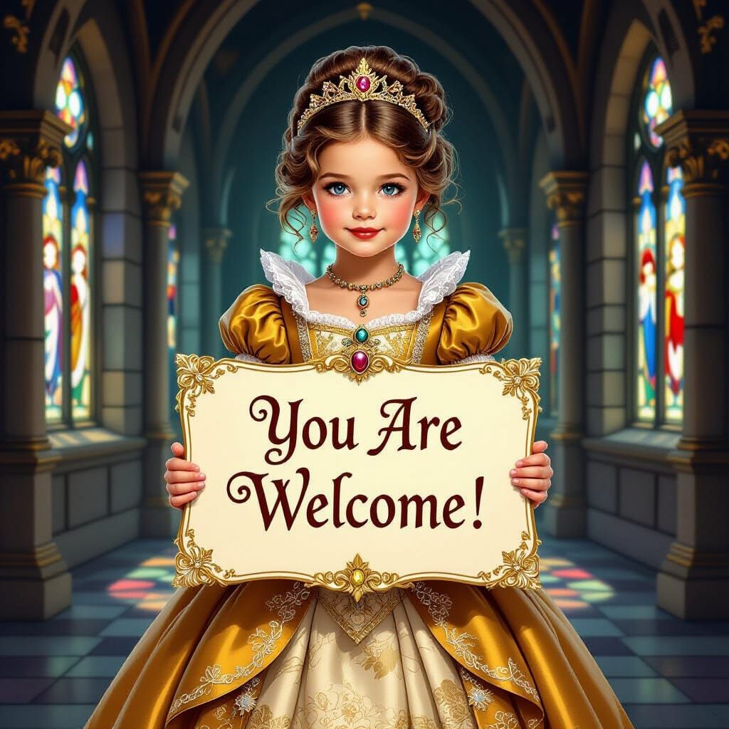 Girl in Medieval Dress Holding Welcome Sign