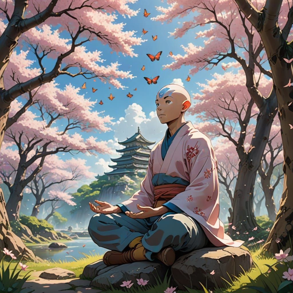 Meditating Avatar in Cherry Blossom Paradise