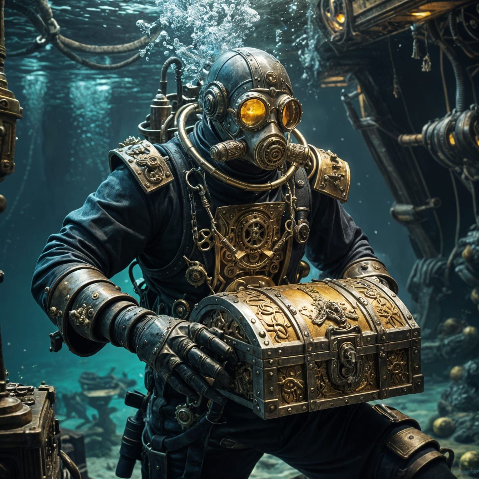 Steampunk Diver Discovering Sunken Pirate Treasure