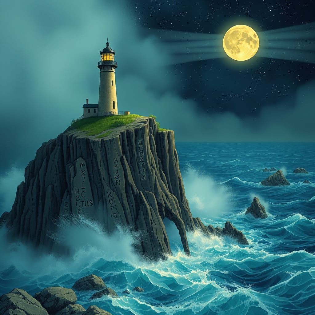 Lighthouse Beam Illuminates Ancient Runes on Starry Ocean Cl...