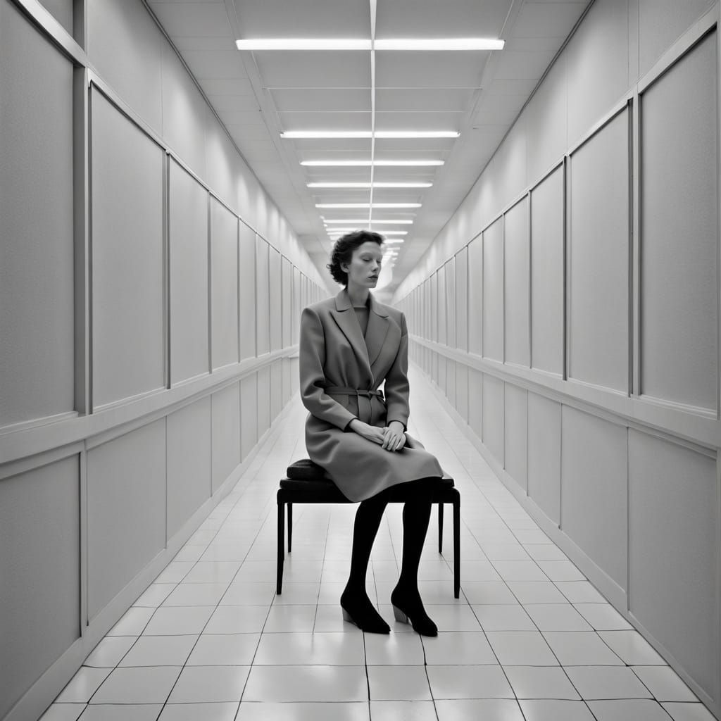 Surreal Monochrome Figure in Minimalist Hallway