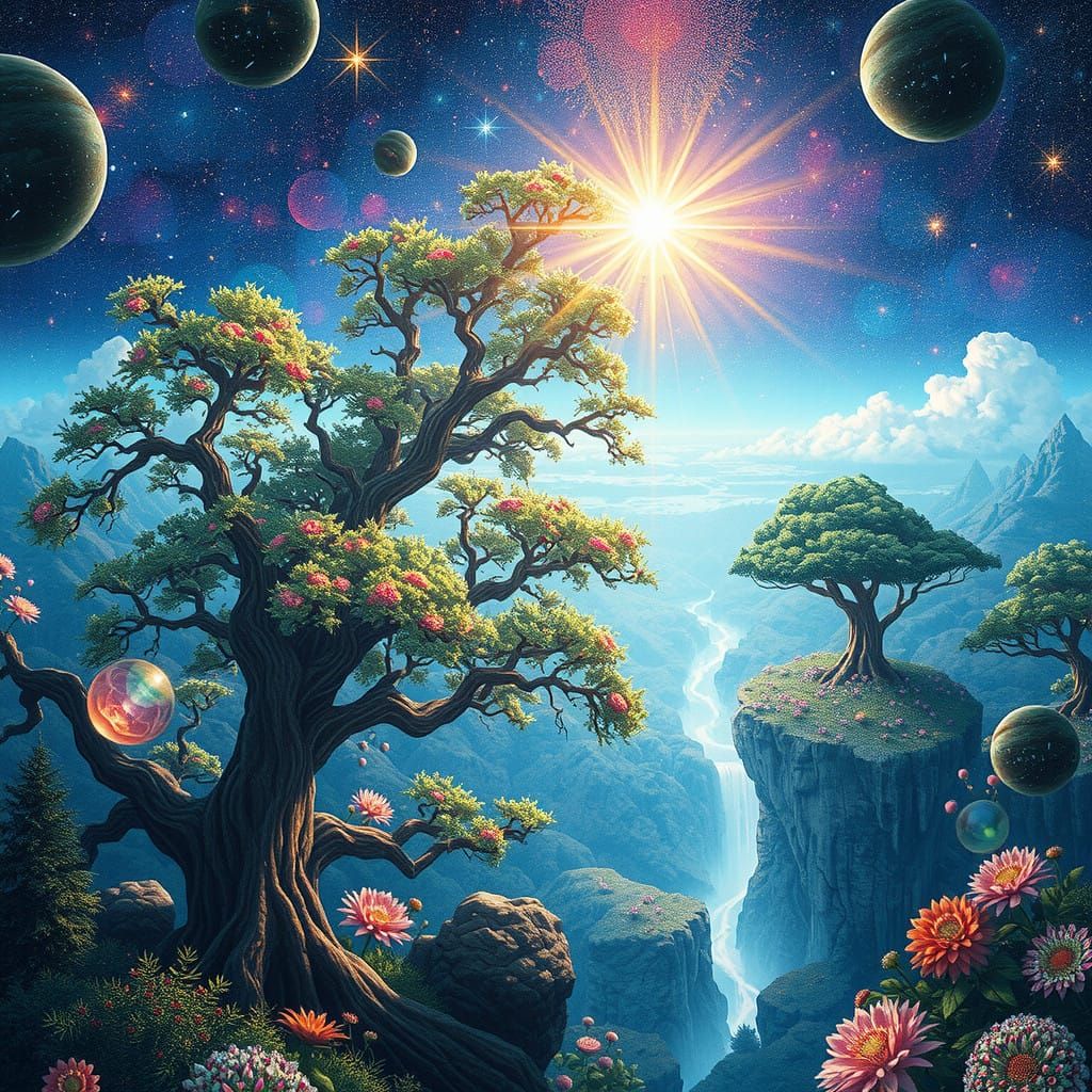 Surreal Celestial Landscape with Shifting Geometry and Iride...