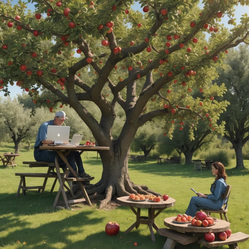 Animated Scene of Orchard, Couple, and Apple Treats