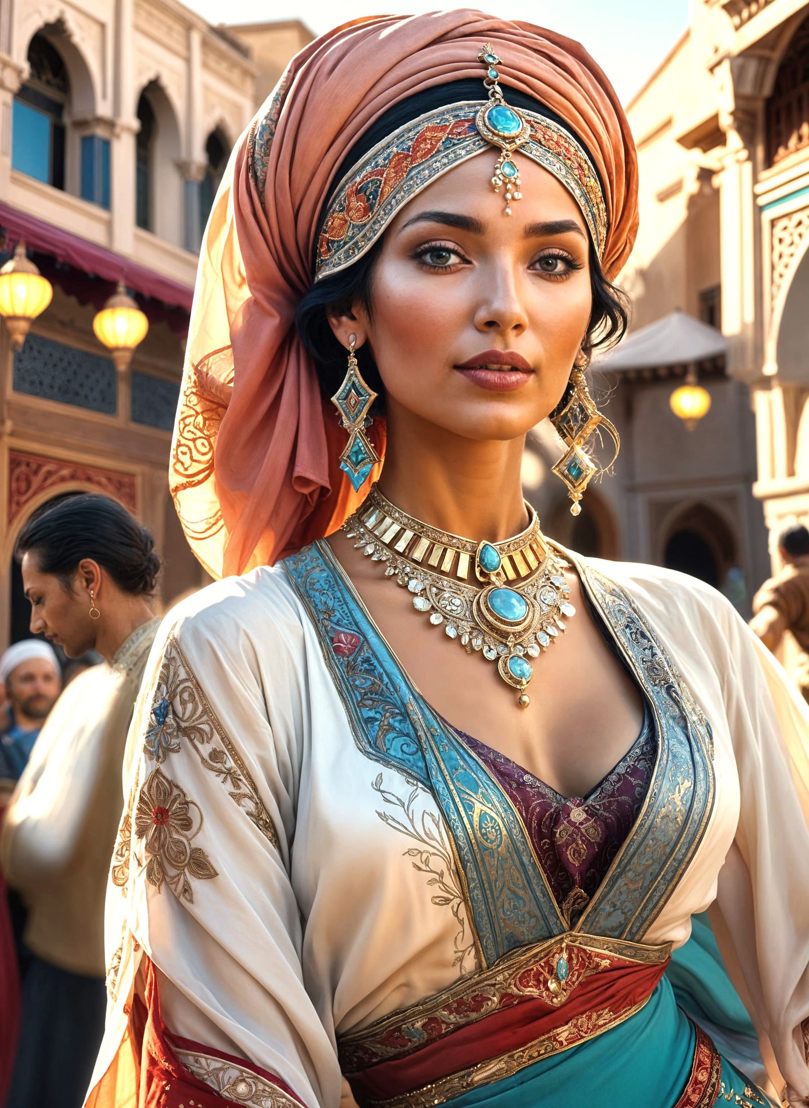 Elegant Moroccan Dancer in Lively Square, Hyperrealistic Ima...