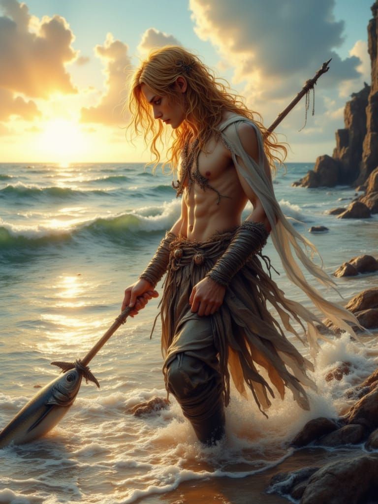Golden-Haired Youth Fishing at Sunset