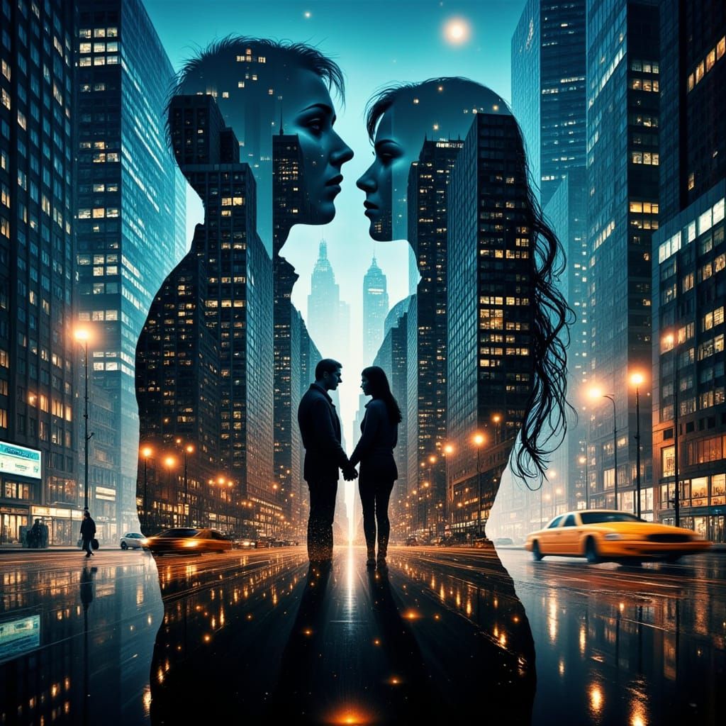 Romantic NYC Double Exposure of Couple Holding Hands