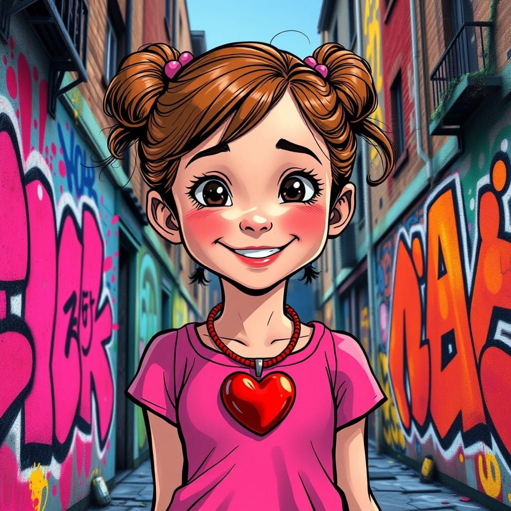 Girl in Vibrant Pink Dress with Heart Pendant in Bold Comic ...
