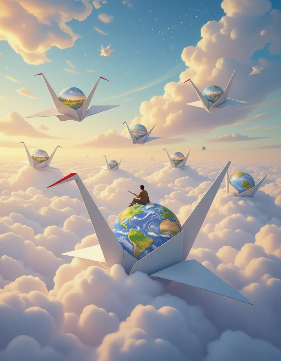 Origami Cranes Carrying Miniature Worlds