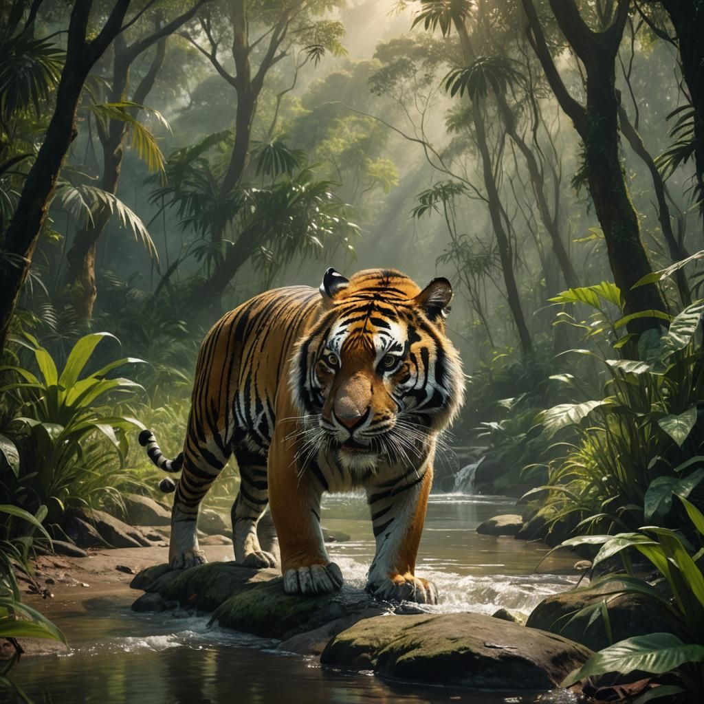 Bengal Tiger in Jungle River, Digital Painting