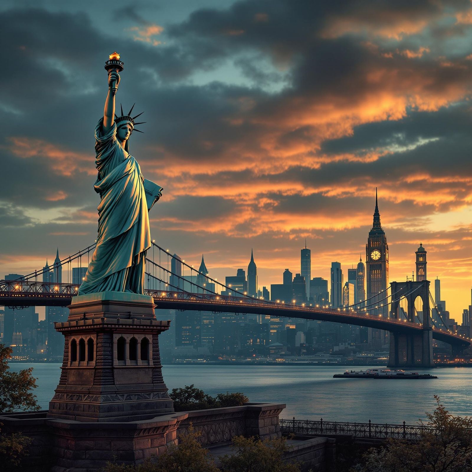New York City Skyline at Dusk: Statue of Liberty