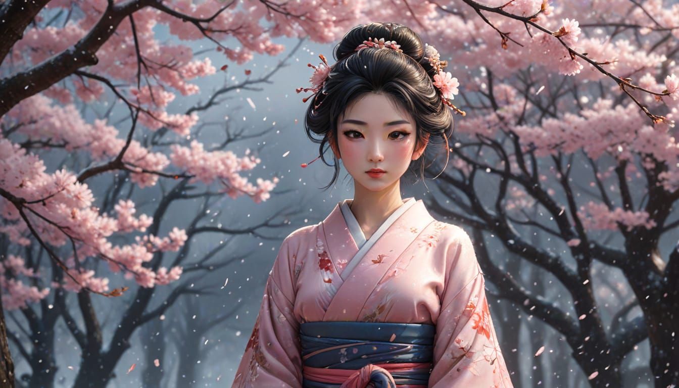 Geisha in Winter Storm: Vibrant Anime Illustration