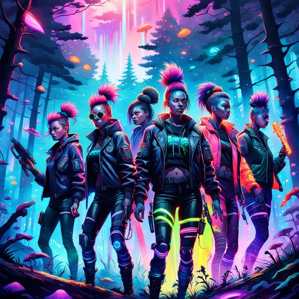 Neon-Lit Punk Battle in a Synthwave Forest