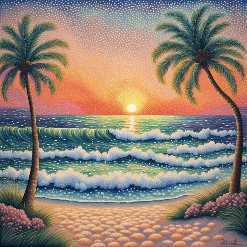 Sunset Beach Scene in Pointillism Style