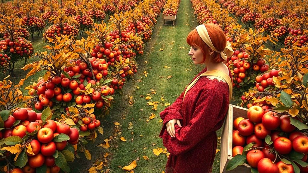 Orchard Harvest Scene in Vintage Poster Style