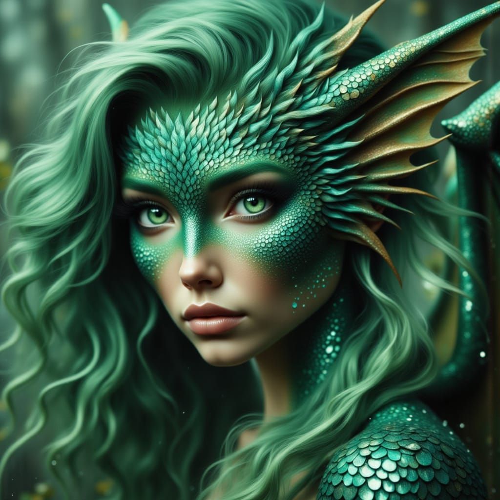 Emerald Dragon Woman with Diamond Scales