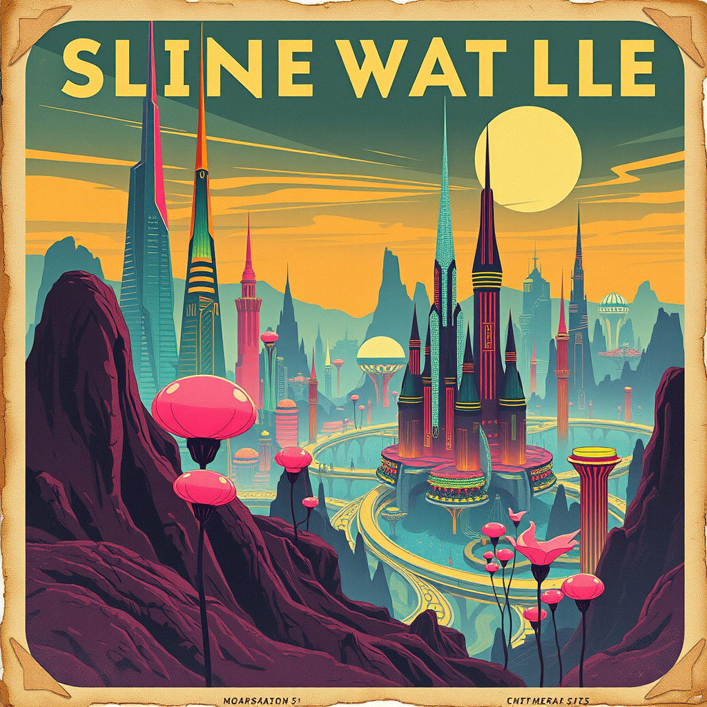 Retro Alien City Travel Poster, 1950s Style