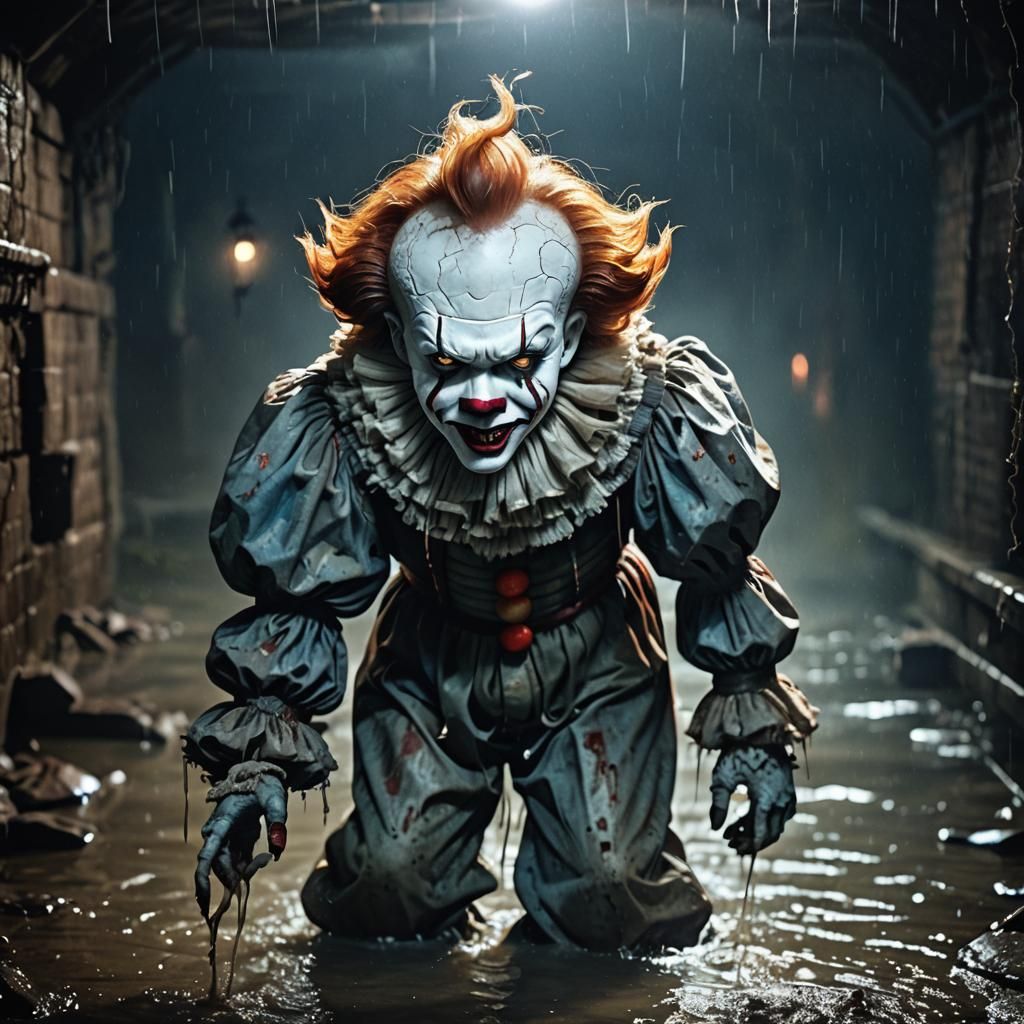 Pennywise Emerges: Stylized Horror Art in Dim Sewers